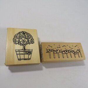 Floral Topiary and Fence Rubber Stamps Wood Mounted